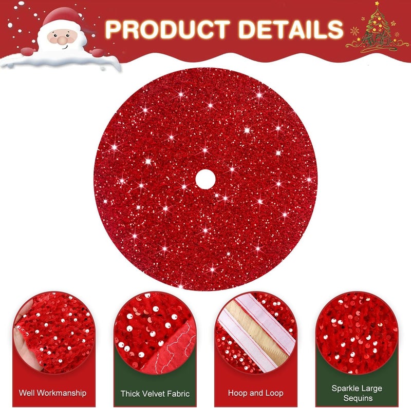 PATYDEST Red Merry Christmas Tree Skirt 36 Inches Round Velvet Xmas Trees Skirts Embroidered Sequin Tree Skirts Shimmer Christmas Trees Floor Mat Glitter Xmas Skirt Tree Ornaments for Winter Holiday - Image 5